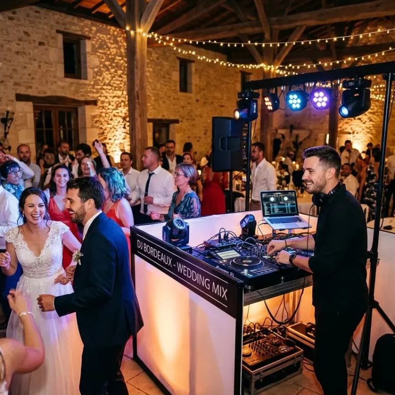 DJ sonorisation mariage bordeaux : animation et prestation en gironde - Animateur DJ mix live et matériel pro sur scène lors d’un mariage à Bordeaux, éclairage décoratif et piste animée.