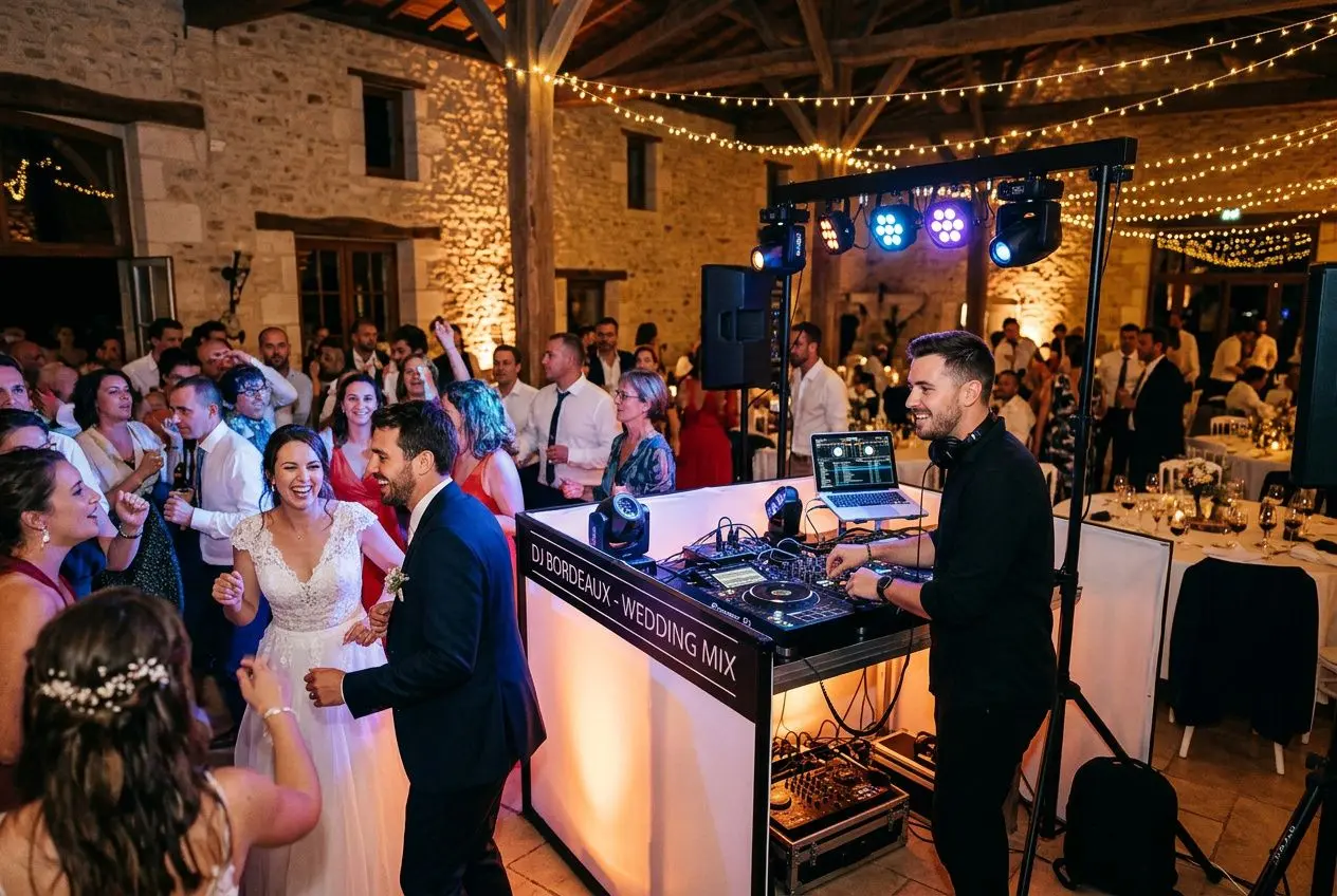 DJ sonorisation mariage bordeaux : animation et prestation en gironde - Animateur DJ mix live et matériel pro sur scène lors d’un mariage à Bordeaux, éclairage décoratif et piste animée.