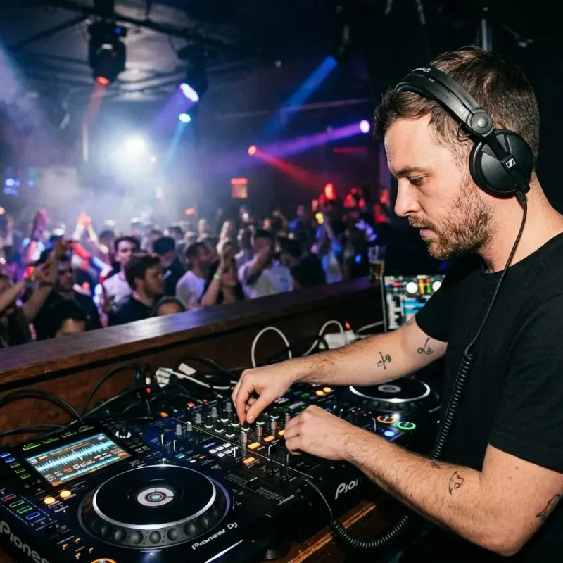 DJ en train de mixer sur scène avec casque DJ, platines et tableau de bord numérique, public en arrière-plan. comment choisir un casque DJ est intégré naturellement.