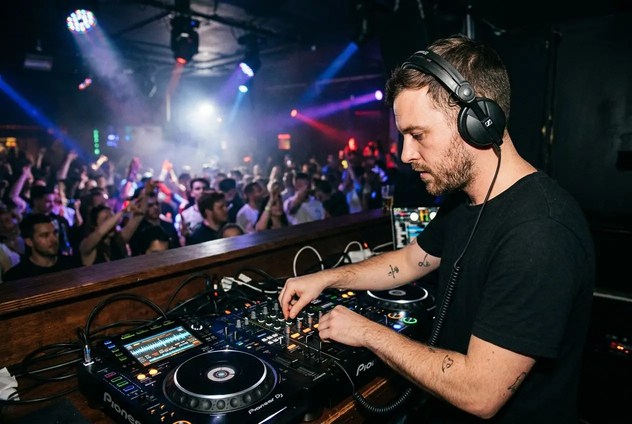 DJ en train de mixer sur scène avec casque DJ, platines et tableau de bord numérique, public en arrière-plan. comment choisir un casque DJ est intégré naturellement.