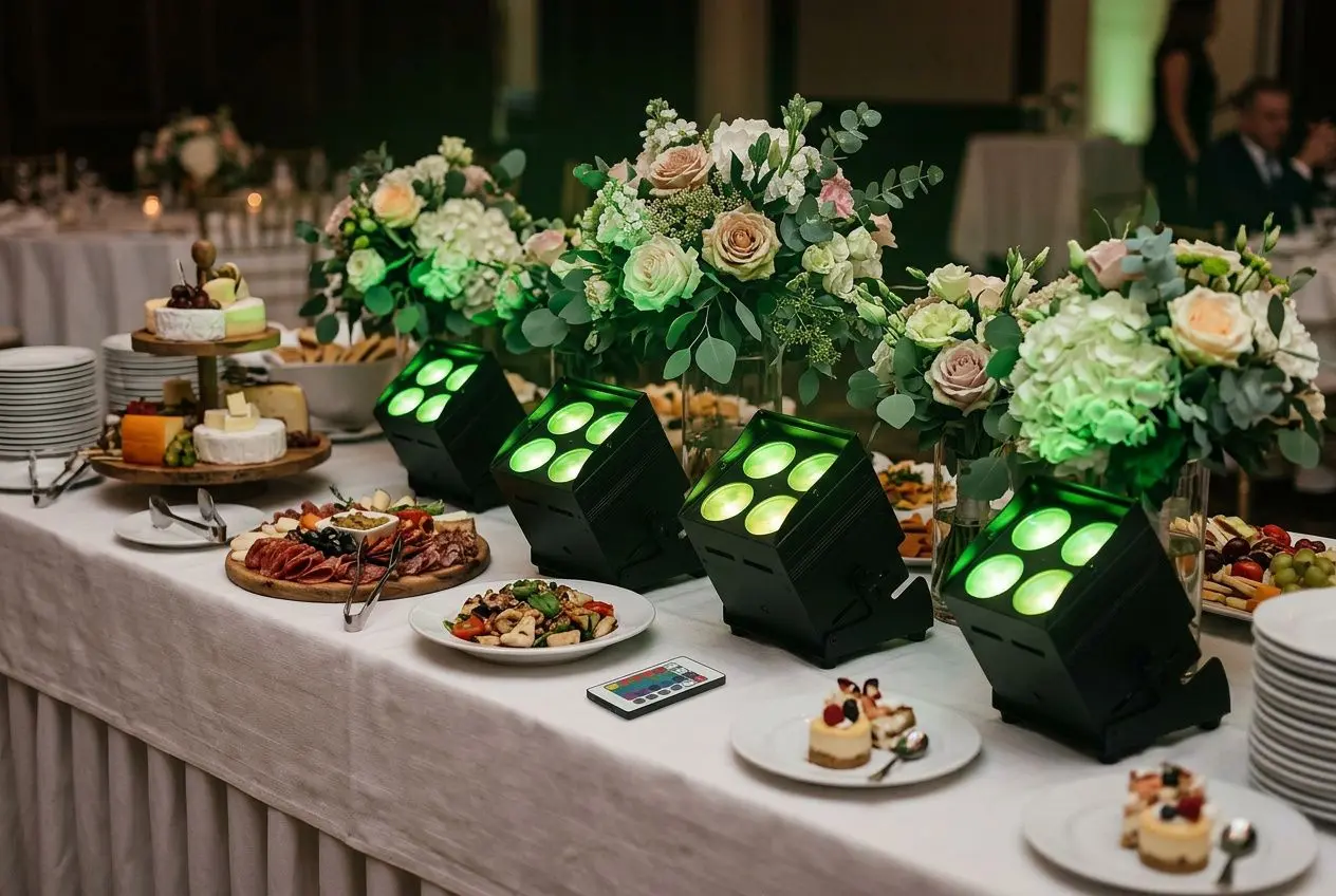 Éclairage buffet sur batterie illuminant le plateau de desserts et plats, avec compositions florales élégantes et présentation prête pour un traiteur.