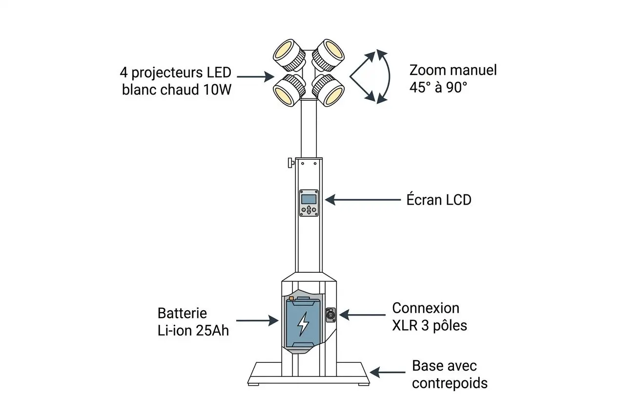 Éclairage buffet sur batterie : schéma d’un mât LED sur batterie Li‑ion 25Ah, 4 projecteurs, écran LCD et connexion XLR 3 pôles, base robuste.