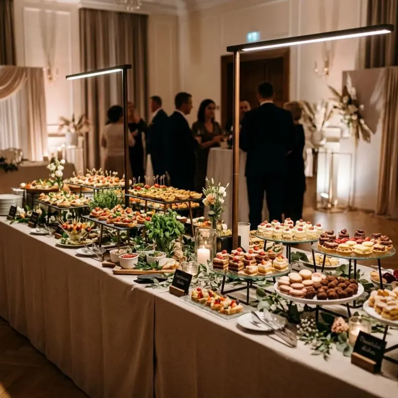 Éclairage buffet sur batterie sur une table de réception avec de nombreuses bouchées et desserts, ambiance chaleureuse et invités en arrière-plan.