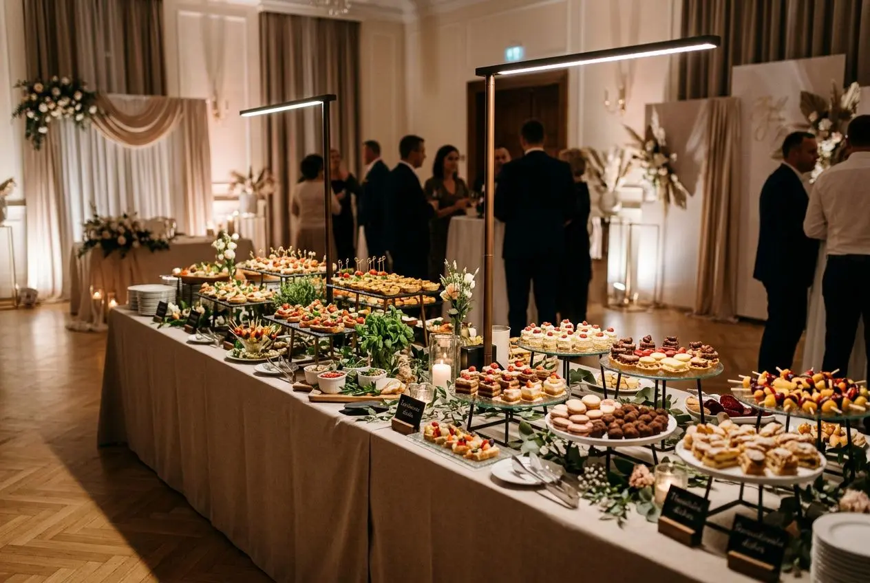 Éclairage buffet sur batterie sur une table de réception avec de nombreuses bouchées et desserts, ambiance chaleureuse et invités en arrière-plan.