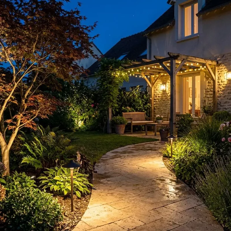 Éclairage extérieur LED illuminateur de jardin : chemin pavé menant à une terrasse et pergola éclairée, jardins et voûte lumineuse chaleureuse.