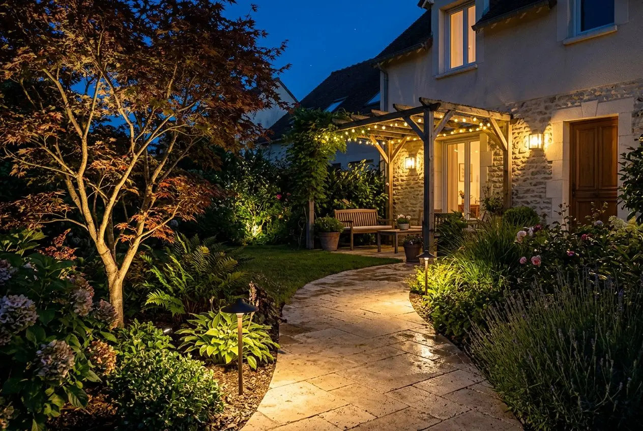 Éclairage extérieur LED illuminateur de jardin : chemin pavé menant à une terrasse et pergola éclairée, jardins et voûte lumineuse chaleureuse.