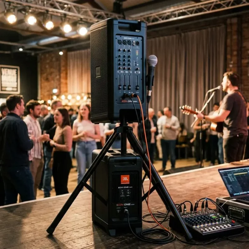Enceinte professionnelle portable en configuration sono sur scène, avec microphone et console de mixage près d’un fond de public lors d’un événement live.