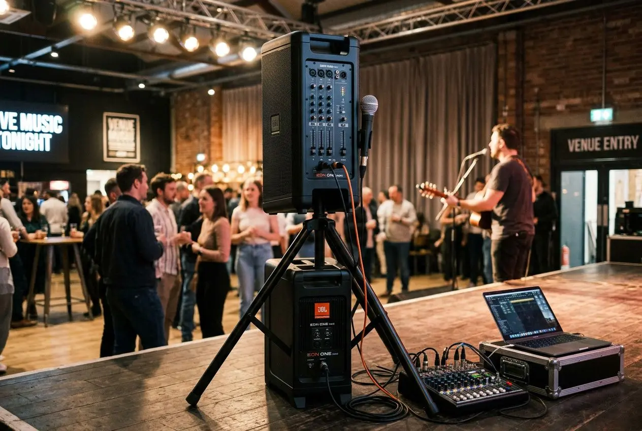Enceinte professionnelle portable en configuration sono sur scène, avec microphone et console de mixage près d’un fond de public lors d’un événement live.