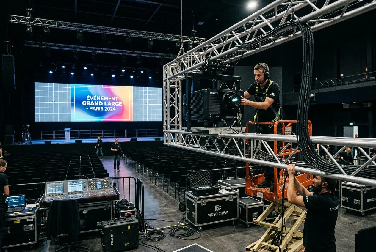 Événement grand écran : techniciens installent une vidéoprojecteur sur une structure métallique dans une salle férmée, scène prête pour Paris 2024. comment choisir vidéoprojecteur événement et guide complet.