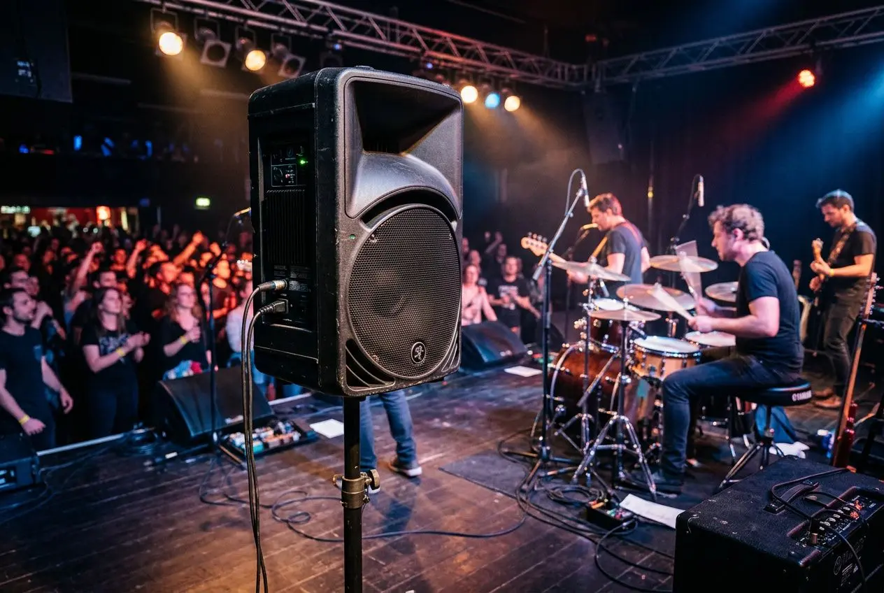 Gros plan sur une enceinte amplifiée sur pied lors d’un concert, scène avec batteur et musiciens, public enthousiaste en arrière-plan.