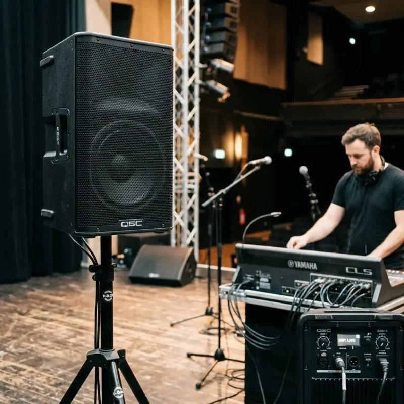 Grosse enceintes amplifiées sur scène avec DJ mixant, sur fond d’ampli et câbles; scène et équipement audio pro. meulleure enceinte amplifiée mentionnée dans le contexte.