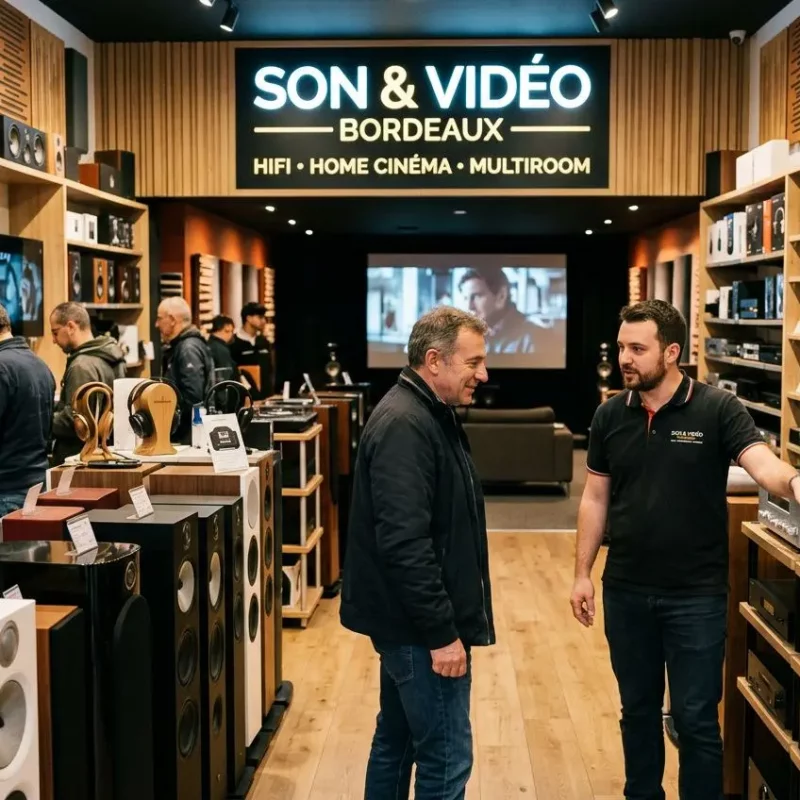Magasin son et vidéo à Bordeaux: clients et conseiller échangent au rayon hi‑fi et home cinéma, ambiance showroom.