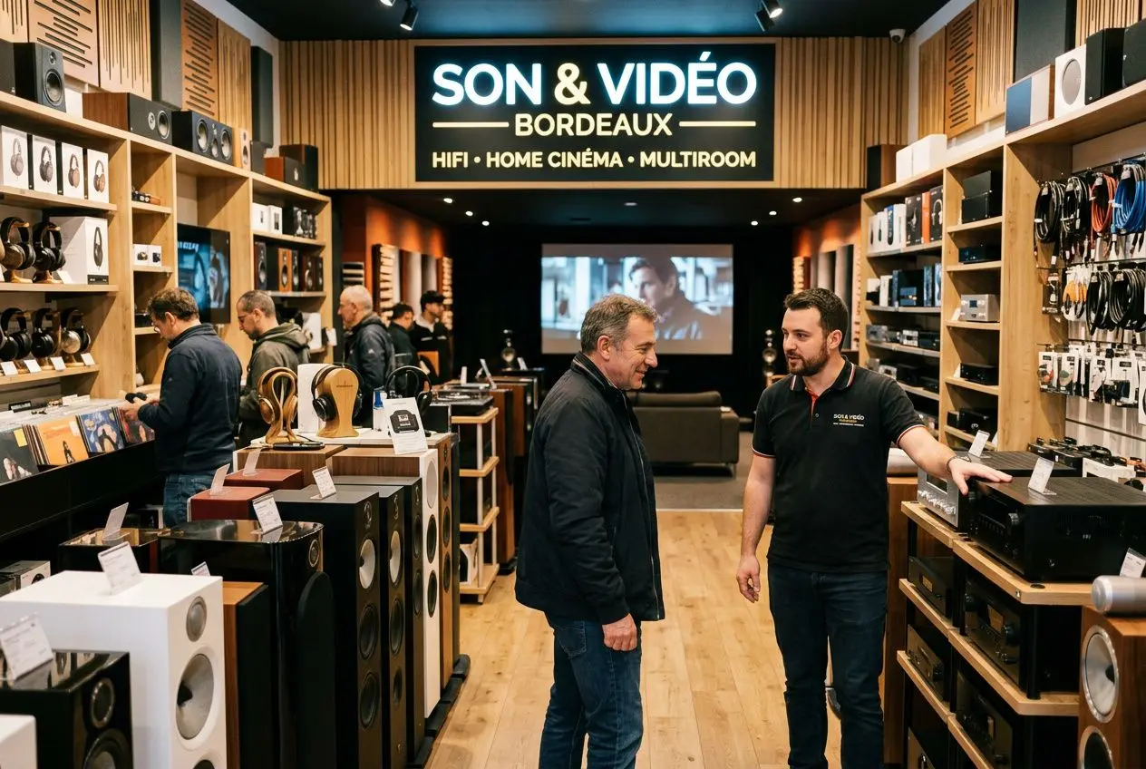 Magasin son et vidéo à Bordeaux: clients et conseiller échangent au rayon hi‑fi et home cinéma, ambiance showroom.