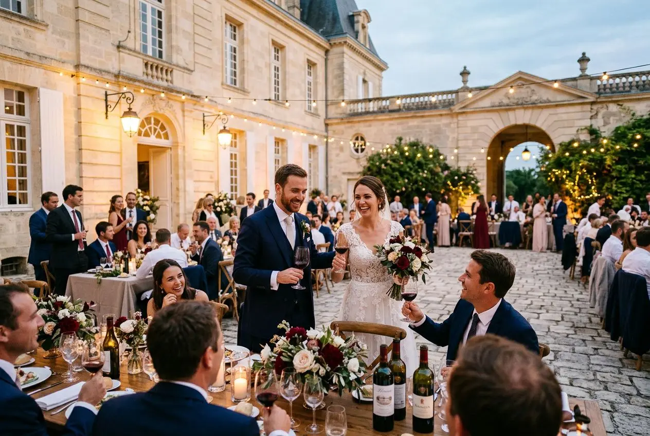 Mariage en extérieur à Bordeaux: un couple nouvellement marié trinque avec leurs invités autour d’une table décorée en fleurs, dans une cour élégante illuminée. organisation mariage bordeaux