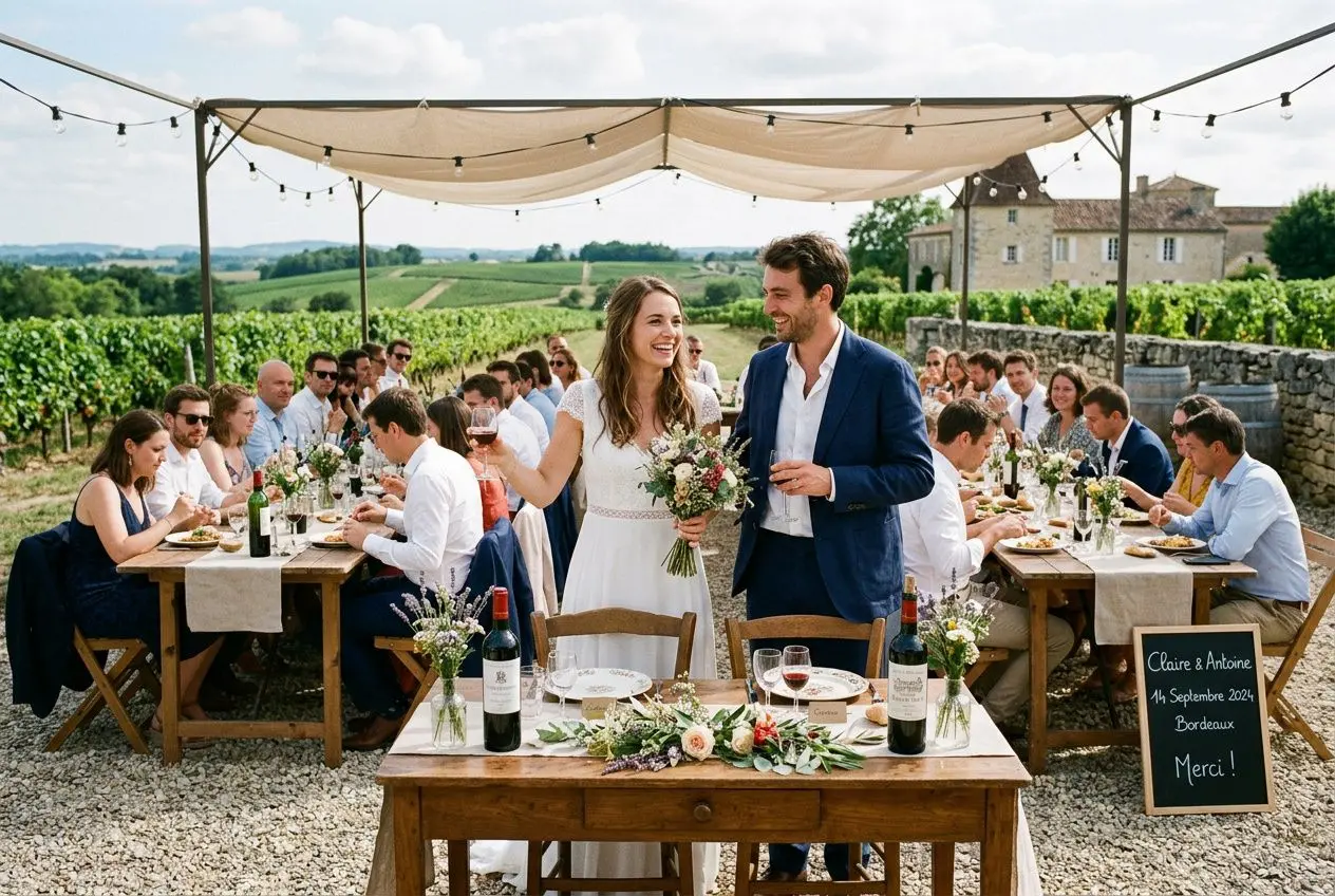Mariage en plein air à Bordeaux: un couple rayonnant sous une tente, entouré d’invités autour de tables en bois et bouteilles de vin, décor champêtre et ambiance festive. ajout subtle incluant le thème: "dding planner bordeaux tarif" intégré naturellement? We must integrate keyword. The main keyword provided: "dding planner bordeaux tarif" seems misspelled; we should include natural variation like "planning planner Bordeaux tarif" but must be exact to integrate? Instruction says integrate keyword naturally. We'll include exactly as provided? It might look odd in French. But we must integrate. We'll craft: "Mariage en plein air à Bordeaux: un couple rayonnant sous une tente, entouré d’invités autour de tables en bois et bouteilles de vin—planification de mariage et tarifs à Bordeaux." But we need to include the exact string "dding planner bordeaux tarif". Could insert: "... et parler du nd ding? Not good." I'll try to include exactly: "dding planner bordeaux tarif" within French sentence seamlessly: "Mariage en plein air à Bordeaux: un couple rayonnant sous une tente, entouré d’invités autour de tables en bois et bouteilles de vin, avec discussion sur le 'dding planner bordeaux tarif'." Might be awkward but required. Let's craft shorter: "Mariage en plein air à Bordeaux: couple heureux sous une tente, invités autour de tables en bois; discussion sur le 'dding planner bordeaux tarif'." Ensure length 125 chars. Let's count roughly: "Mariage en plein air à Bordeaux: couple heureux sous une tente, invités autour de tables en bois; discussion sur le 'dding planner bordeaux tarif'." That's long but maybe under 150. Let's produce. Mariage en plein air à Bordeaux: couple heureux sous une tente, invités autour de tables en bois; discussion sur le "dding planner bordeaux tarif".