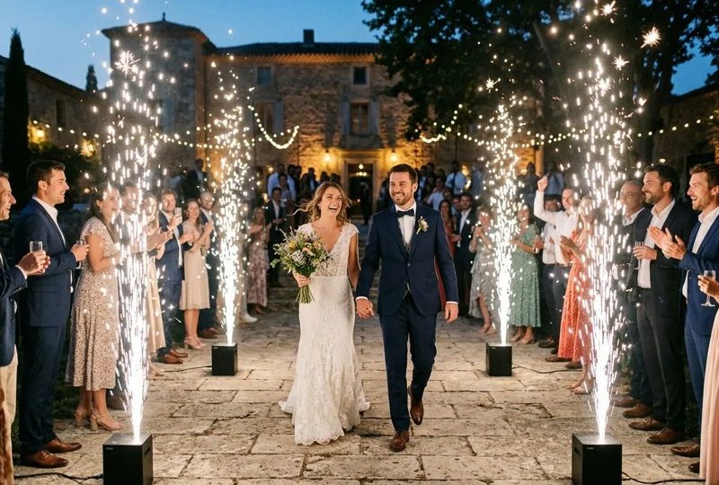 Mariage en plein air avec des mariés marchant sous des étincelles froides en entrée, entourés d’amis et de proches applaudissant. Étincelles éclairant la scène nocturne devant une bâtisse décorée. Étincelle froide mariage intégré naturellement.