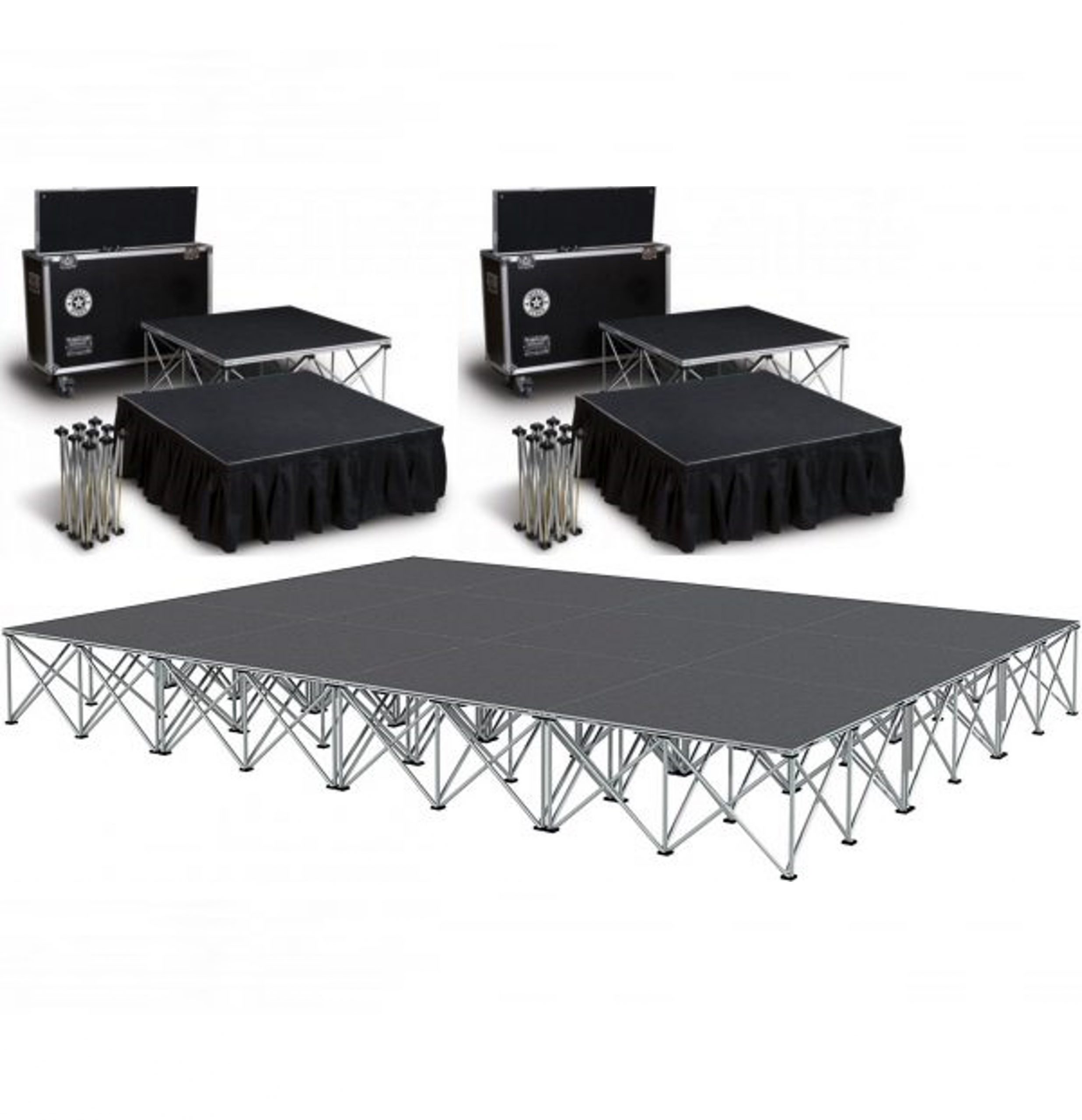Plateforme scénique modulable prête à l’emploi avec tapis gris et caissons de transport, cadres métalliques et pieds extensibles. scène de location.
