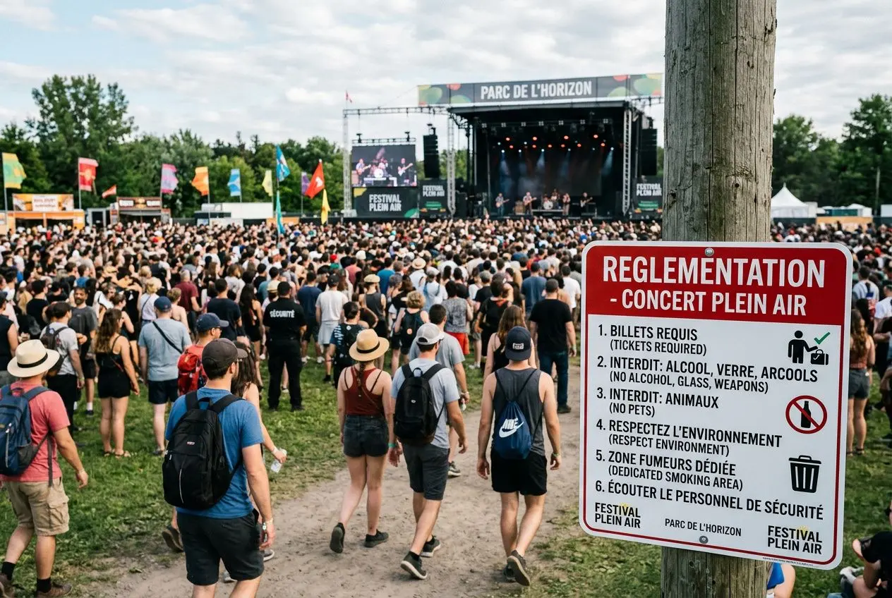 Public sur une scène de festival en plein air, avec un panneau réglementaire “Reglementation : Concert plein air” à droite.