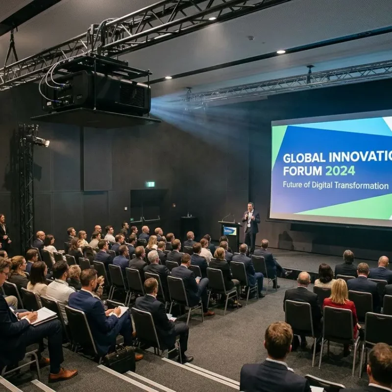 Salle de conférence avec un intervenant sur scène et un grand écran affichant “GLOBAL INNOVATION FORUM 2024” lors d’un événement. intégration du mot-clé: comment choisir vidéoprojecteur événement.