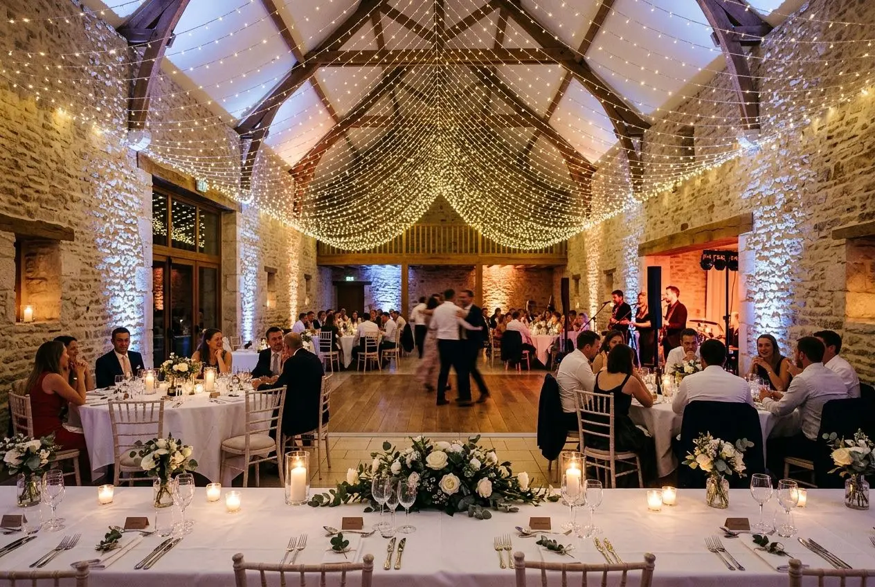Salle de réception au plafond décoré de guirlandes lumineuses et décors de mariage, tables élégantes et ambiance chaleureuse. deco lumineuse mariage serait intégrée naturellement.
