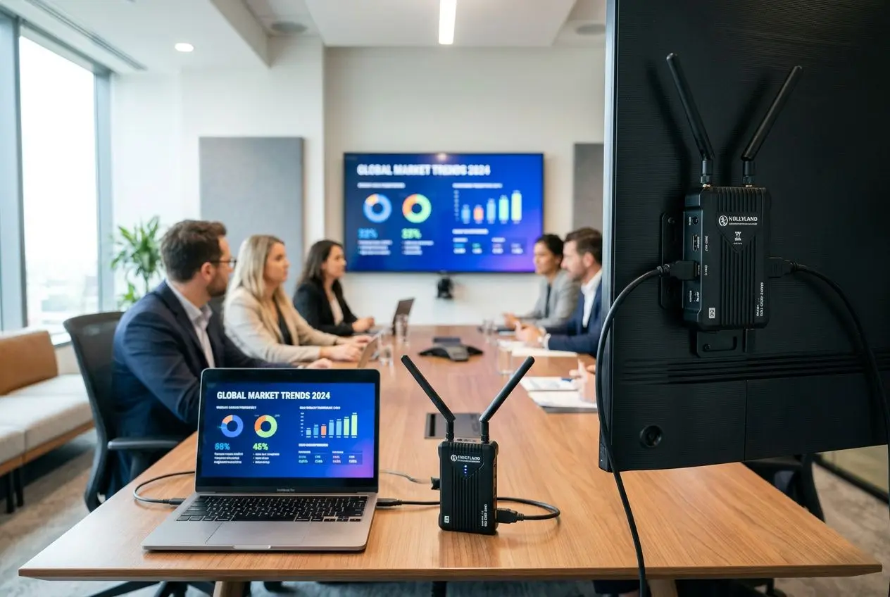 Salle de réunion avec un transmetteur hdmi sans fil professionnel en fonctionnement, présentations affichées sur deux écrans et ordinateurs portables.