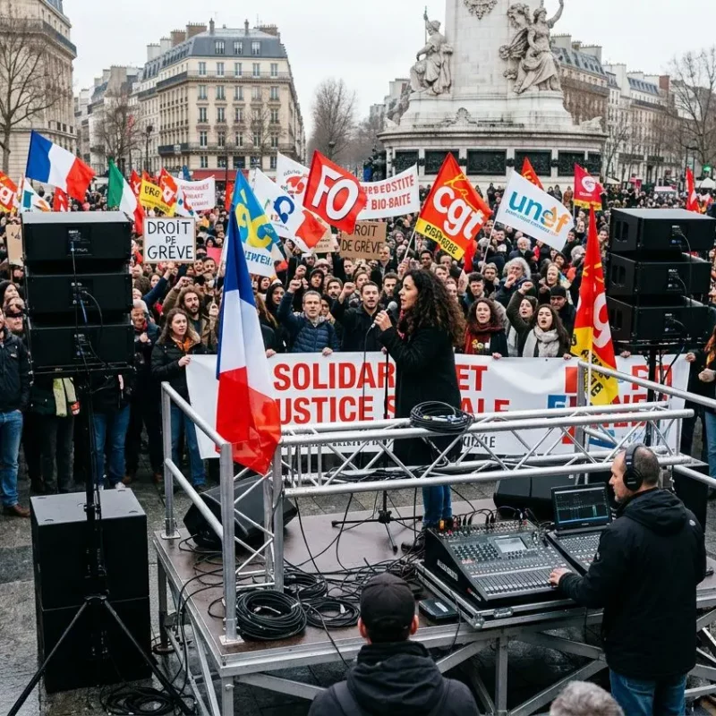 Système de sonorisation de manifestation extérieure avec artiste sur scène mobile et grande foule, encadré par des enceintes et des câbles, drapeaux et pancartes en arrière-plan.