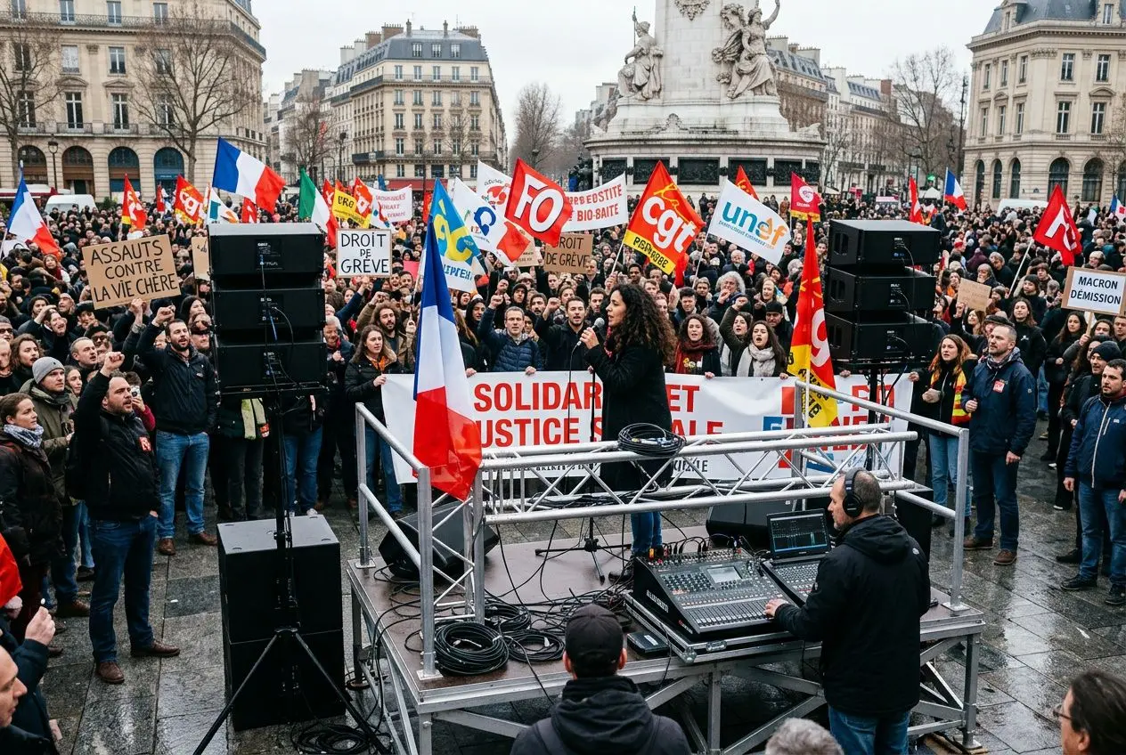 Système de sonorisation de manifestation extérieure avec artiste sur scène mobile et grande foule, encadré par des enceintes et des câbles, drapeaux et pancartes en arrière-plan.