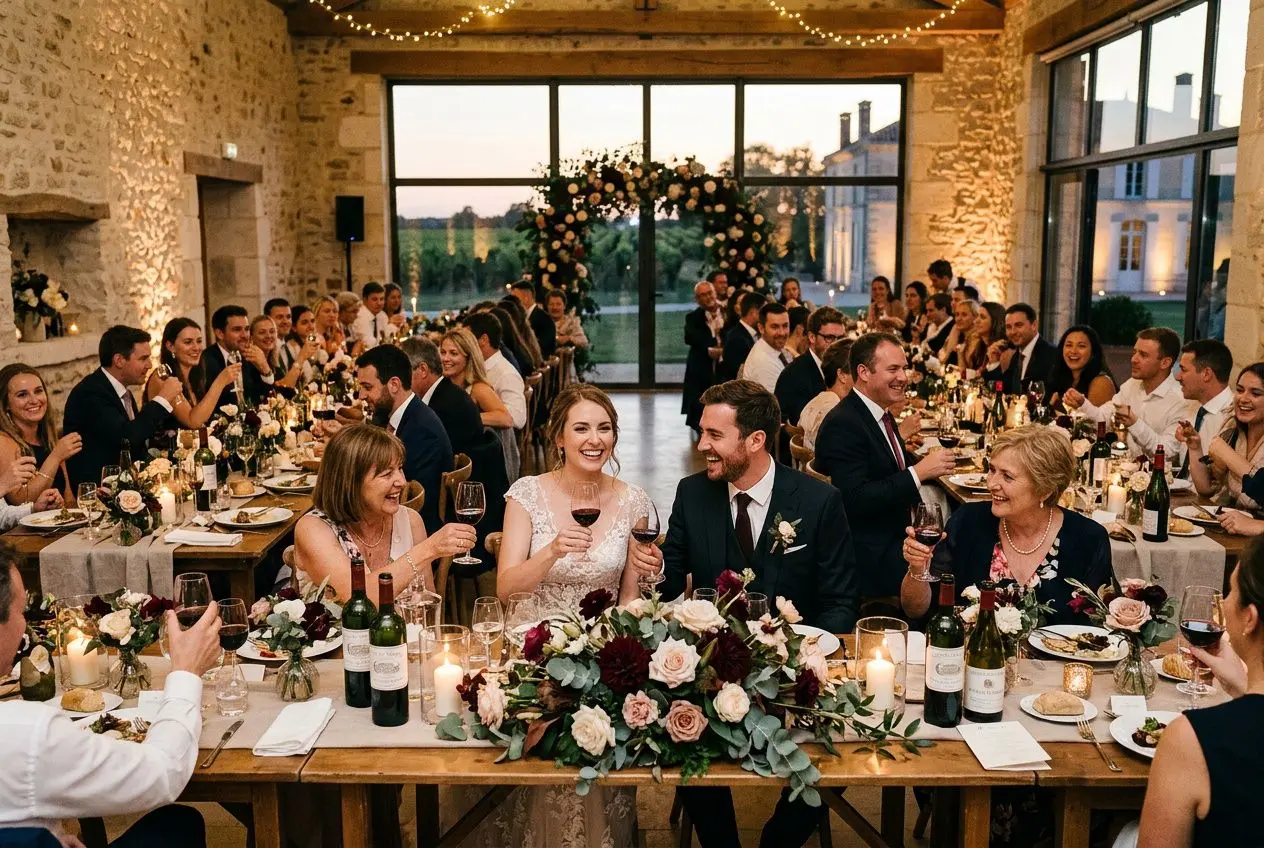 Table de mariage élégante avec bouquet fleuri, invités souriants et ambiance chaleureuse, musique et éclairage jamais trop vifs pour une dj sonorisation mariage bordeaux idéale.
