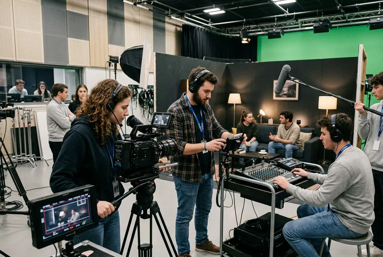 Technicien événementiel fiche métier en action: équipe lumière et son contrôlant caméras et matériel dans un studio moderne.