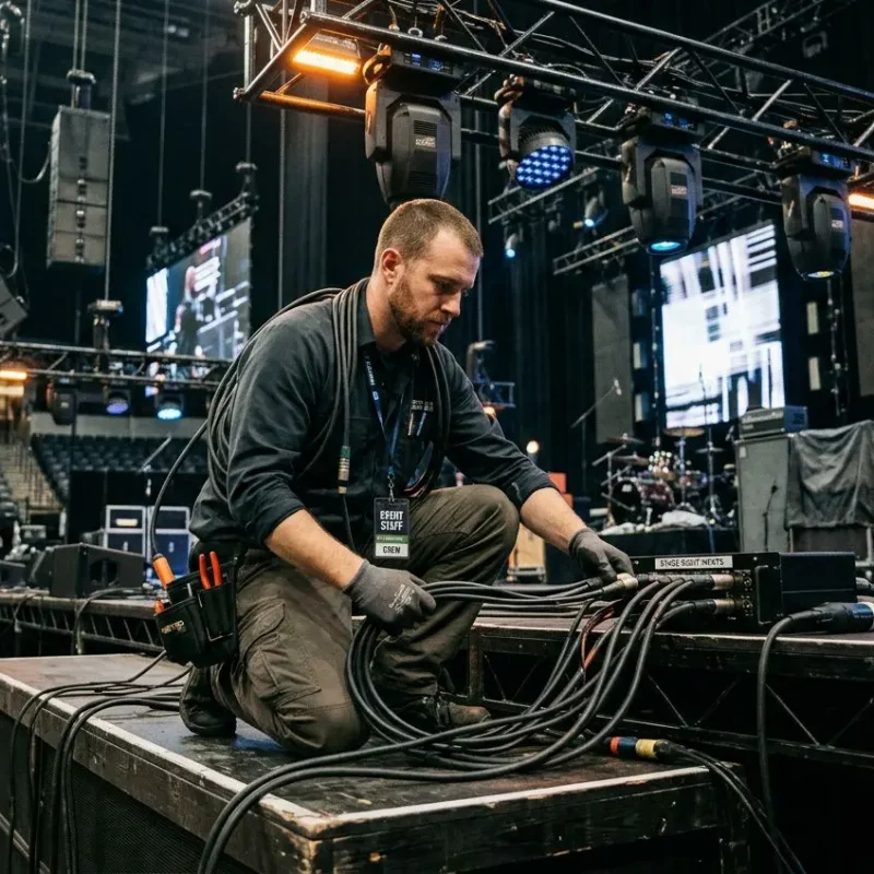 Technicien événementiel installant et câblant des équipements audio/vidéo sur une scène, près des consoles et des projecteurs.