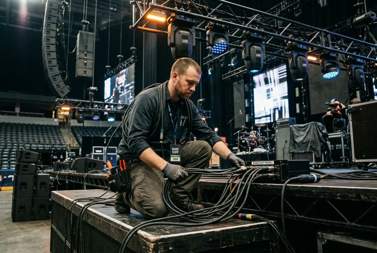 Technicien événementiel installant et câblant des équipements audio/vidéo sur une scène, près des consoles et des projecteurs.