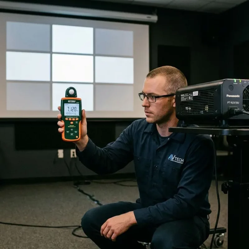 Technicien mesurant des lumens vidéoprojecteur c est quoi avec un appareil de mesure dans une salle de projection et un projecteur posé sur un support.