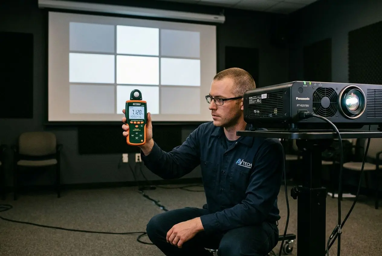 Technicien mesurant des lumens vidéoprojecteur c est quoi avec un appareil de mesure dans une salle de projection et un projecteur posé sur un support.