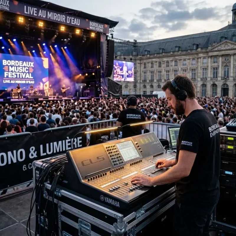 Technicien son opérant une console Yamaha lors d’un festival, avec public devant la scène et écrans lumineux. Location sono Bordeaux, matériel de sonorisation et éclairage sur mesure.