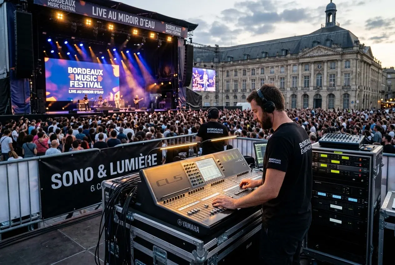 Technicien son opérant une console Yamaha lors d’un festival, avec public devant la scène et écrans lumineux. Location sono Bordeaux, matériel de sonorisation et éclairage sur mesure.
