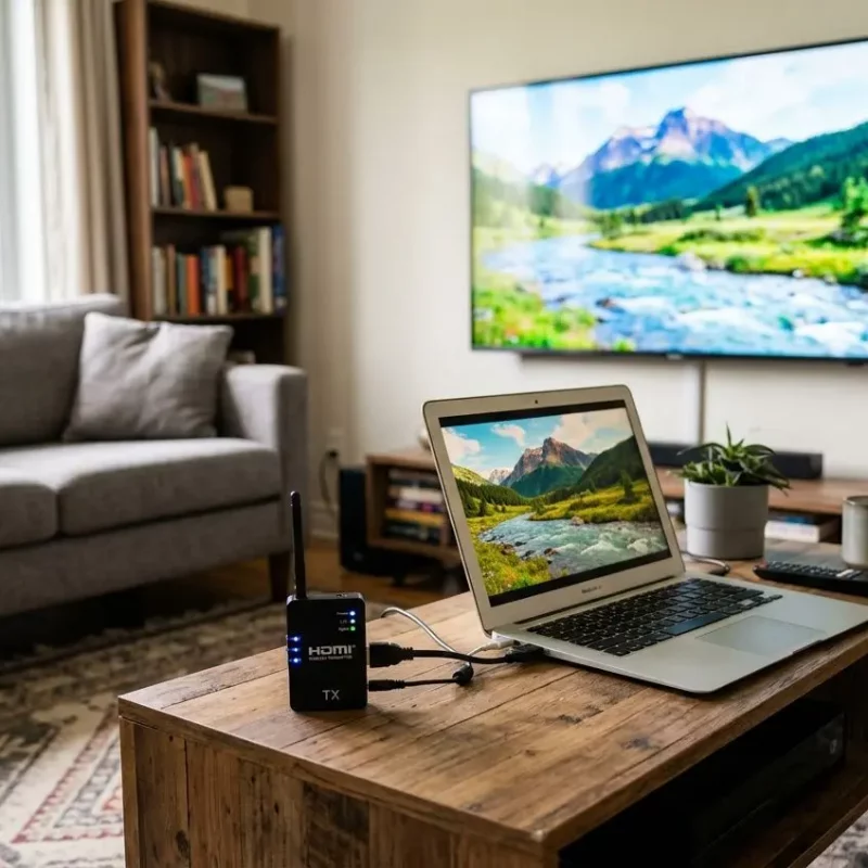 Transmetteur hdmi sans fil professionnel en action sur un bureau : écran d’ordinateur connecté, signal vers un téléviseur murale, ambiance salon moderne.