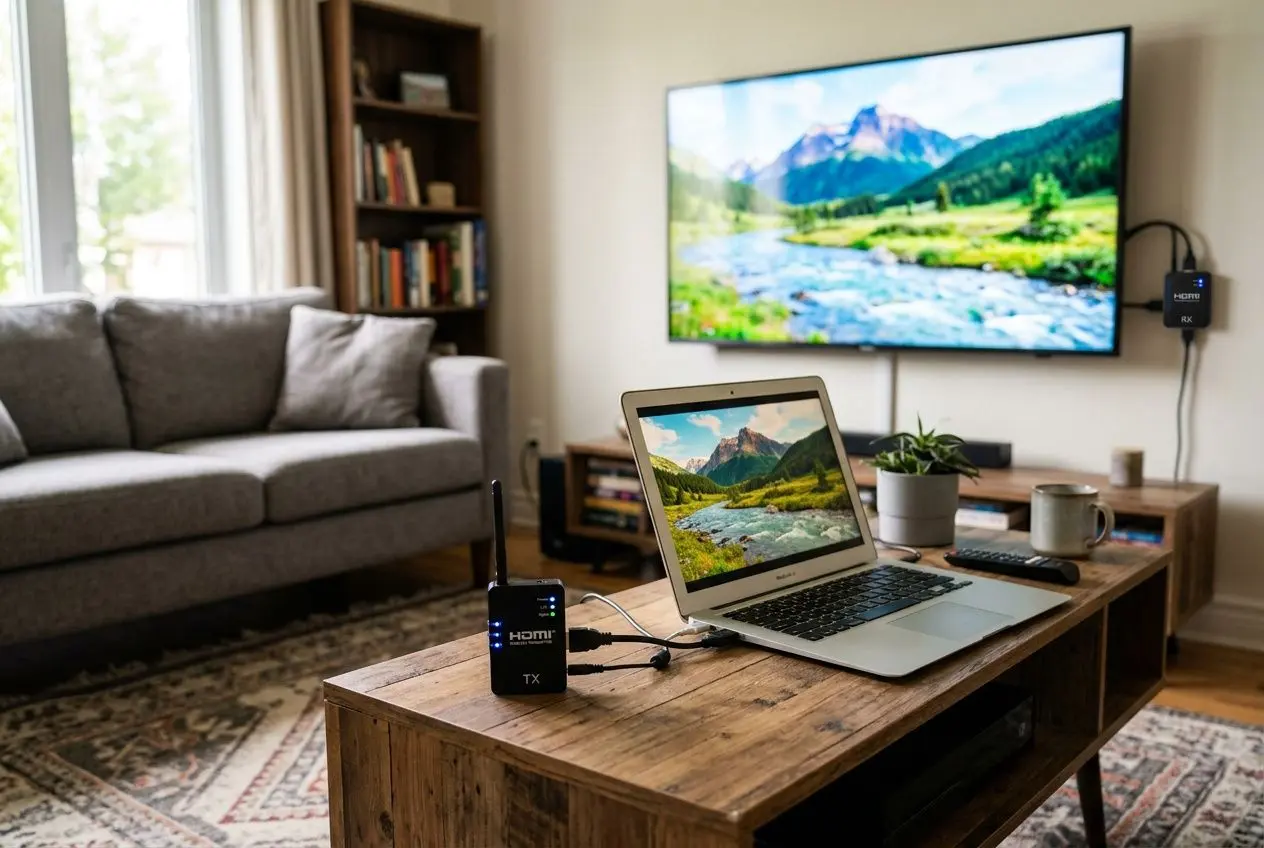 Transmetteur hdmi sans fil professionnel en action sur un bureau : écran d’ordinateur connecté, signal vers un téléviseur murale, ambiance salon moderne.
