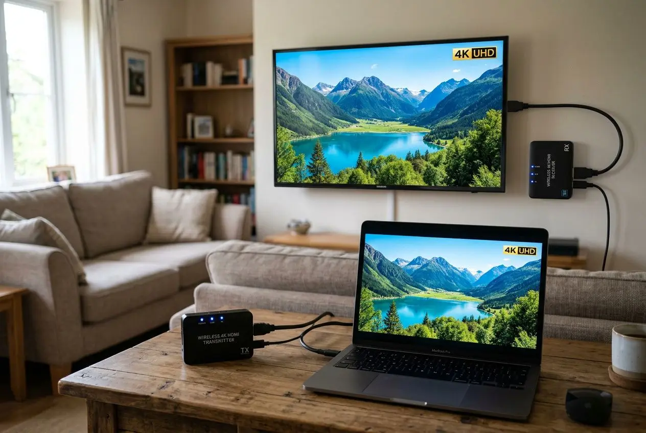 Transmetteur HDMI sans fil professionnel relié à un laptop et à un écran mural, image 4K UHD dans un salon.
