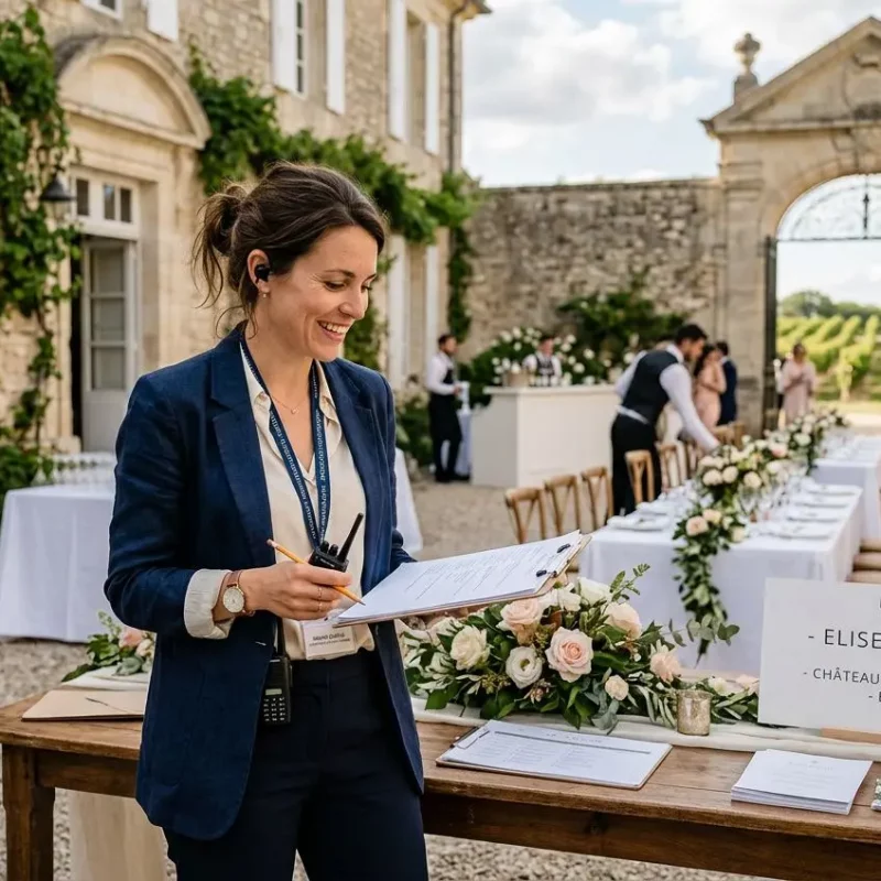 Wedding planner à Bordeaux en action lors d’un mariage, carnet et fiches à la main près d’un accueil floral. dding planner bordeaux tarif intégré naturellement.
