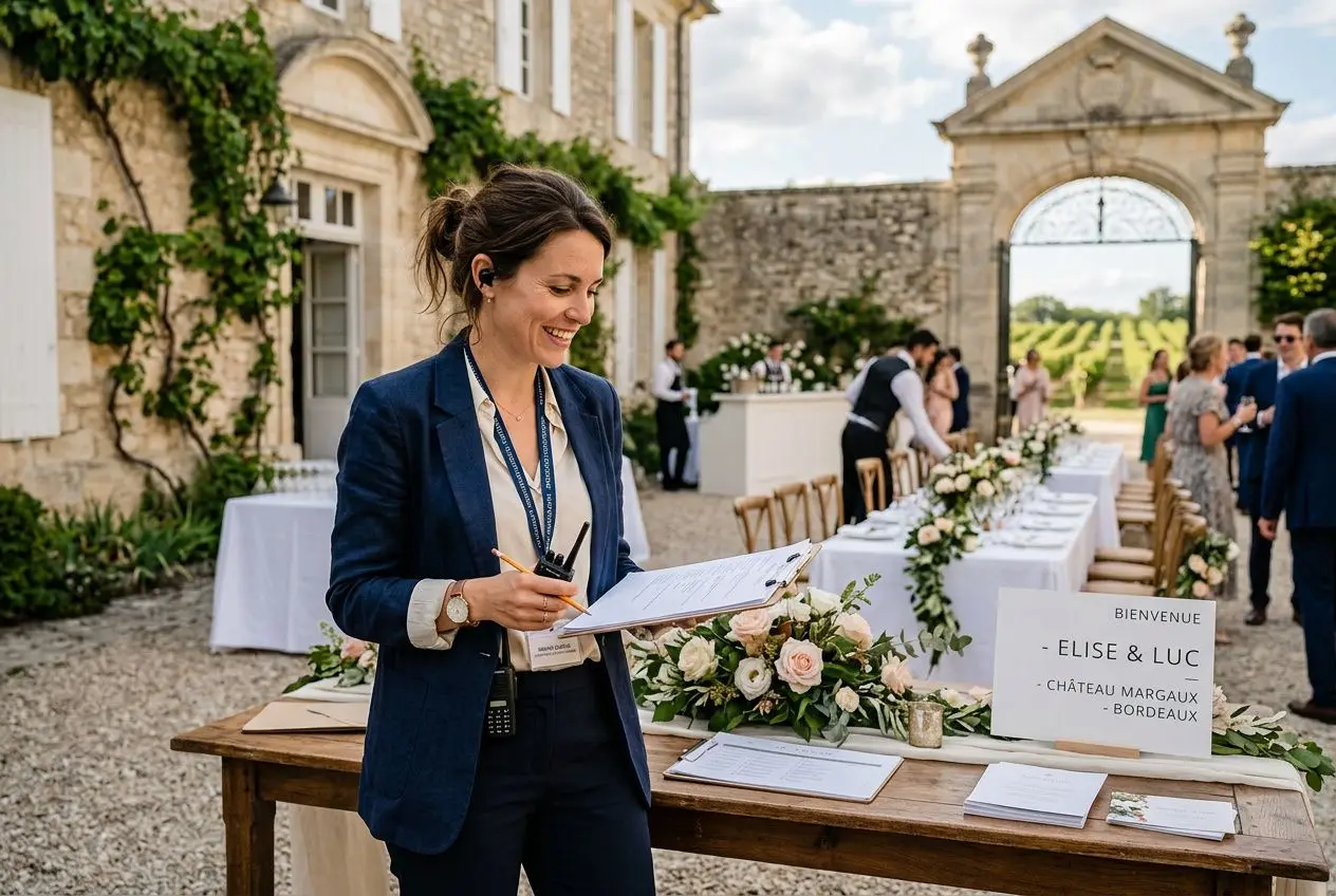Wedding planner à Bordeaux en action lors d’un mariage, carnet et fiches à la main près d’un accueil floral. dding planner bordeaux tarif intégré naturellement.