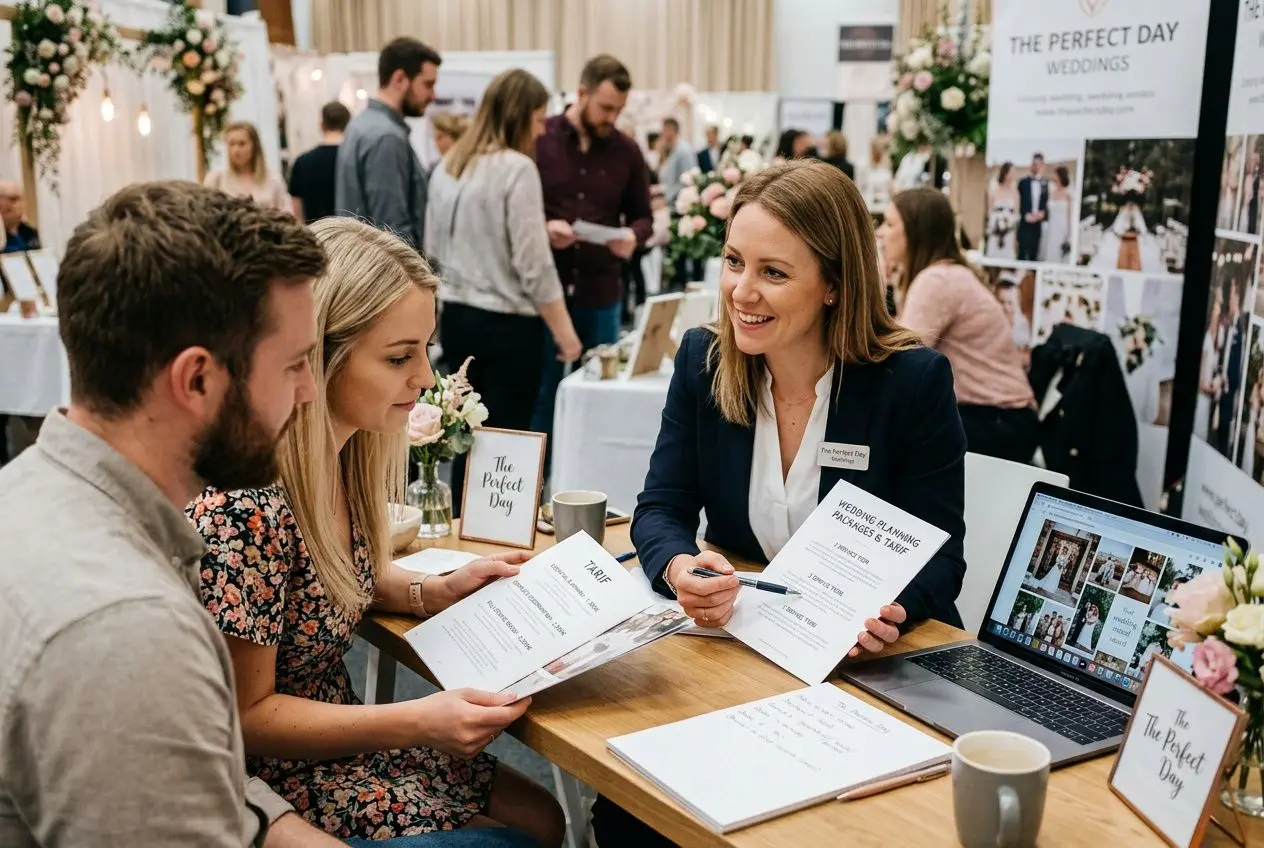 Wedding planner à Bordeaux : échanges sur les tarifs et prestations lors d’un salon, avec brochure et ordinateur ouvert sur les offres. dding planner bordeaux tarif