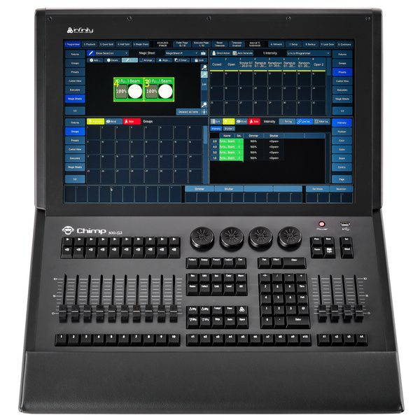 Console lumière et son CHIMP G2 TOUR PACK : interface de contrôle éminente sur écran, faders, boutons et curseurs professionnels.