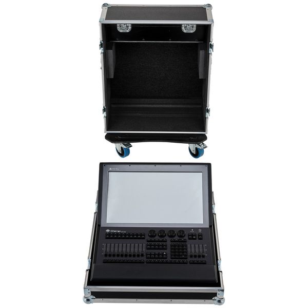 Logitech CHIMP G2 TOUR PACK : console lumière avec écran tactile et contrôles sur un boîtier rigide, transportable sur chariot.