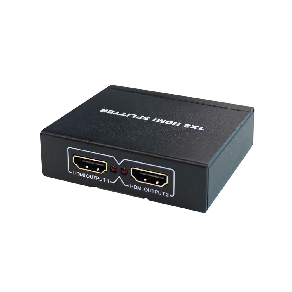 Boitier-de-repartition-video-Accsup-Splitter-HDMI-Ultra-HD-4K-1-entree-2-sorties-Noir-sono-medoc Splitter HDMI 1 IN 2 OUT - Sono Médoc, boîtier noir avec deux sorties HDMI et indicateurs LED rouges.