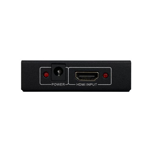 Split HDMI 1 entrée et 2 sorties : boîtier noir avec entrée HDMI et indicateurs Power et HDMI Input, côté droit.