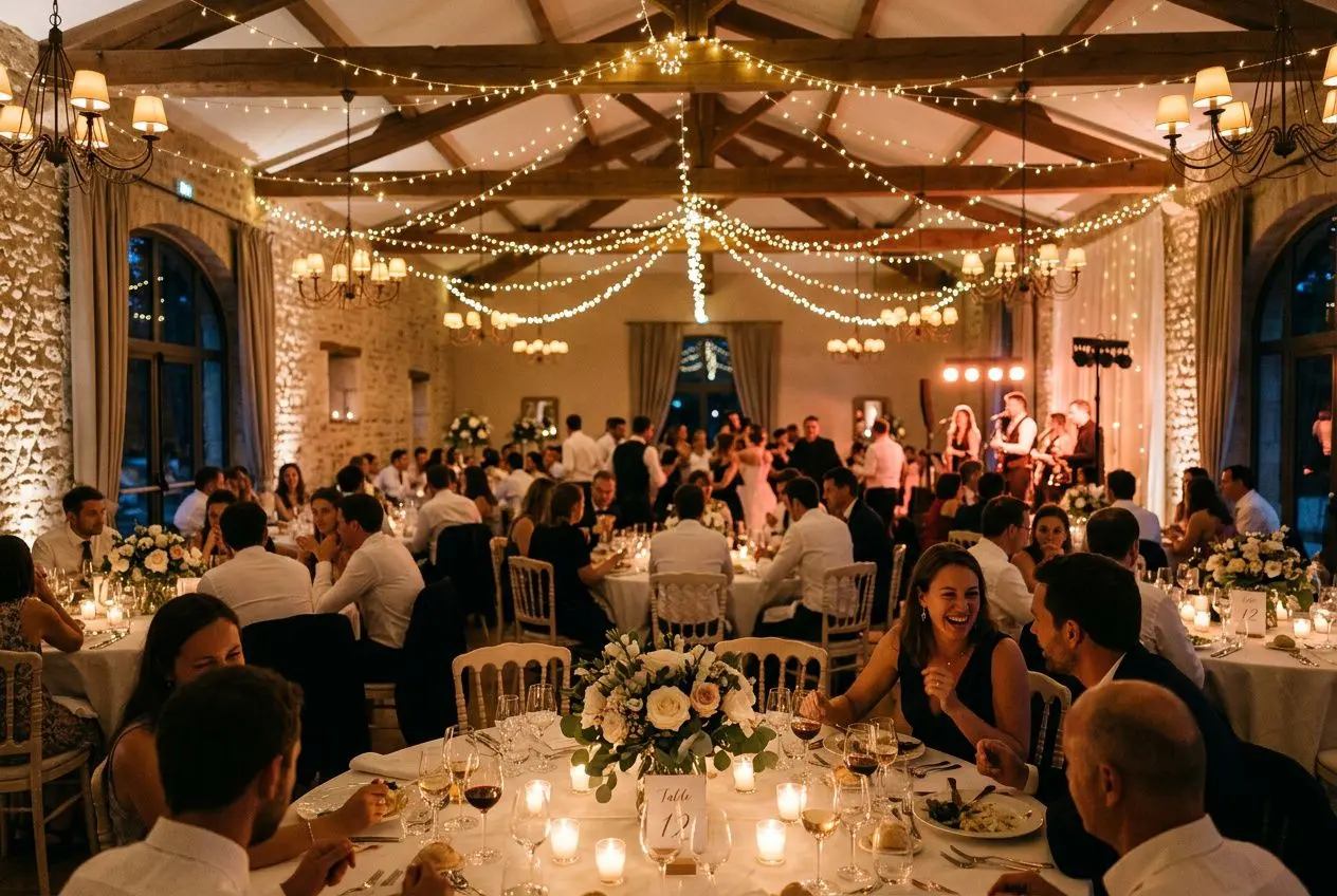 Ambiance chaleureuse pour un événement festif avec guirlandes lumineuses suspendues et plafonds en bois, tables rondes éclairées par des bougies et des chandeliers. Idées d'éclairage créatives pour les événements.