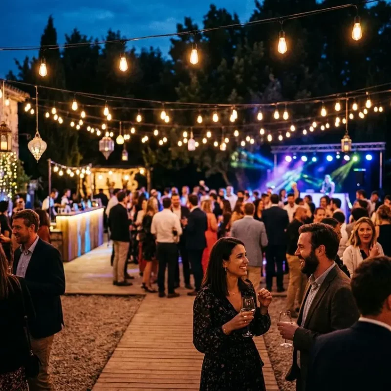 Ambiance festive en extérieur avec guirlandes lumineuses et lumière chaude; invités en tenues chic autour d’un espace bar, scène lumineuse au fond. Idées d'éclairage créatives pour les événements.