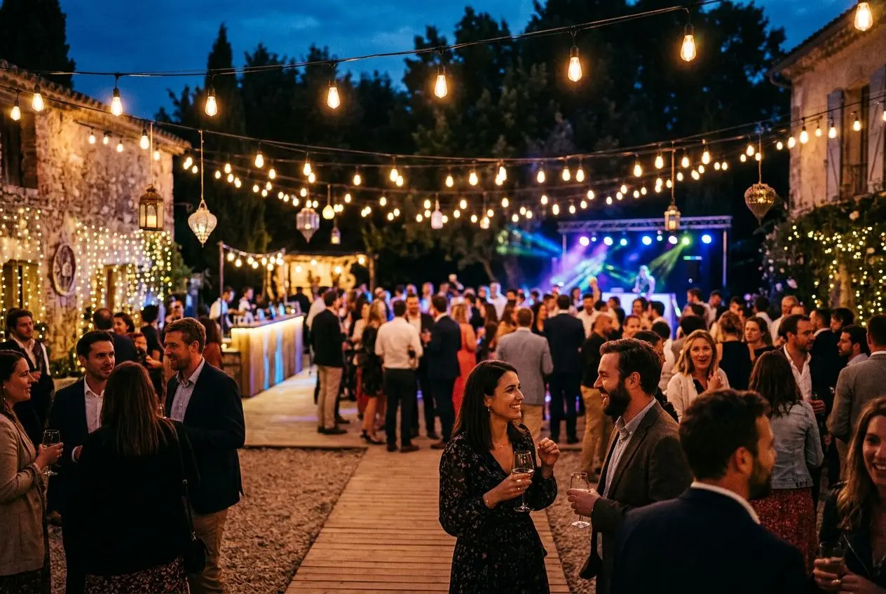 Ambiance festive en extérieur avec guirlandes lumineuses et lumière chaude; invités en tenues chic autour d’un espace bar, scène lumineuse au fond. Idées d'éclairage créatives pour les événements.