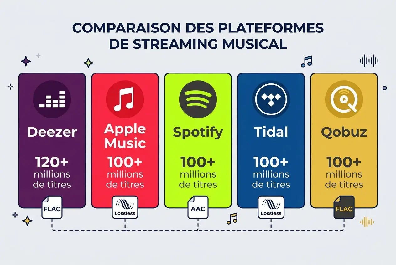 Comparatif des plateformes de streaming musical: interface colorée montrant Deezer, Apple Music, Spotify, Tidal et Qobuz avec 120+ à 100+ millions de titres chacun.