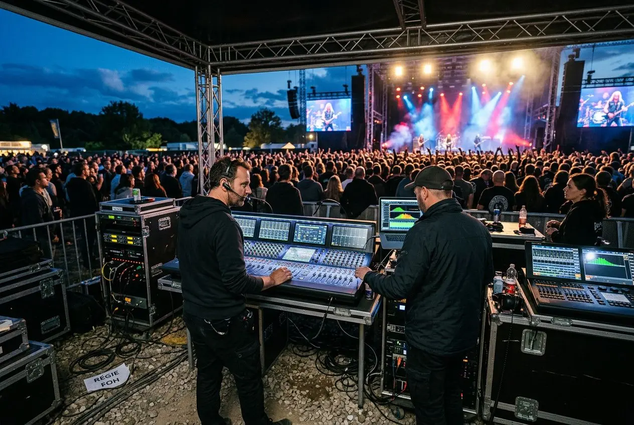 Deux techniciens son pilotent une console de mixage gigantesque lors d’un concert en plein air, avec une foule immense et scène éclairée en arrière-plan. Le tout illustre comment sonoriser un concert en plein air.